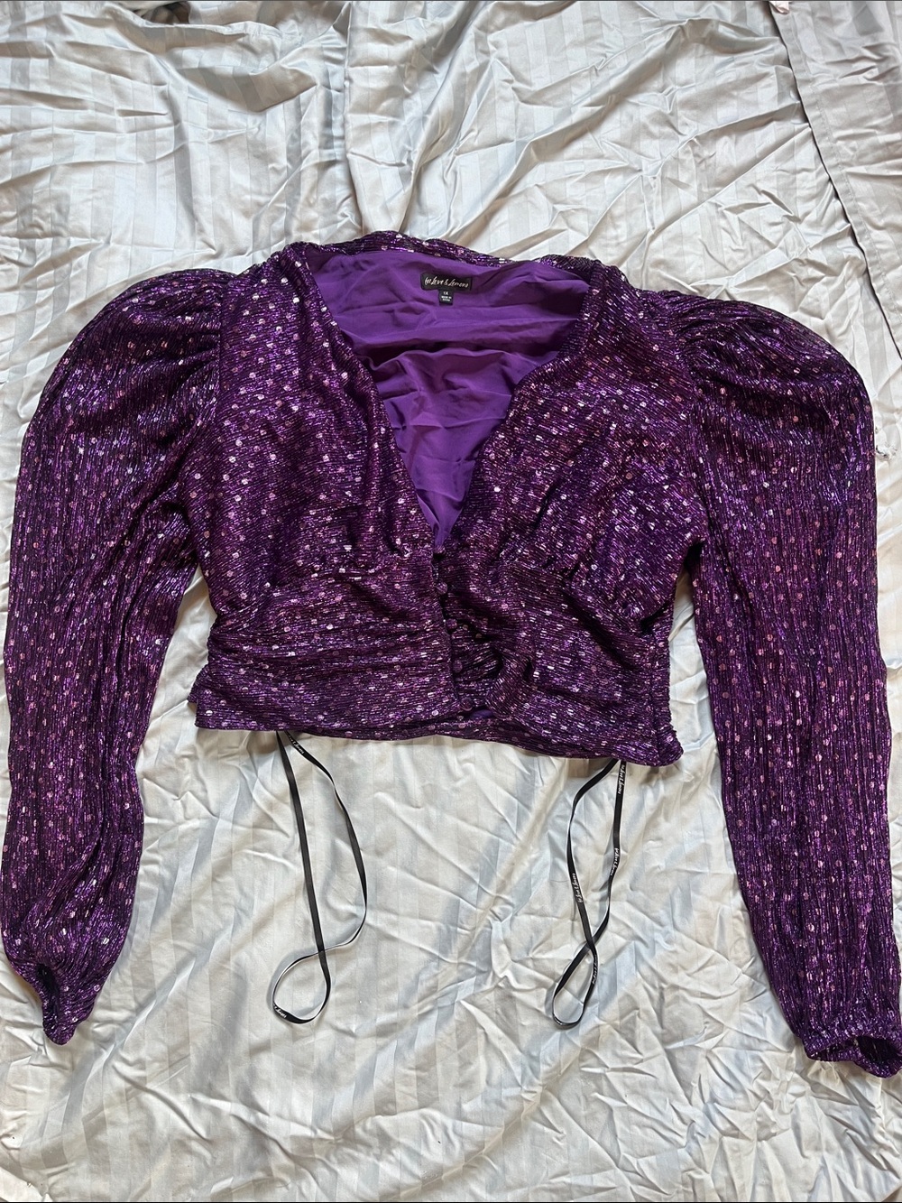 For Love & Lemons Purple Sequin Puff-Sleeve Cropped Top